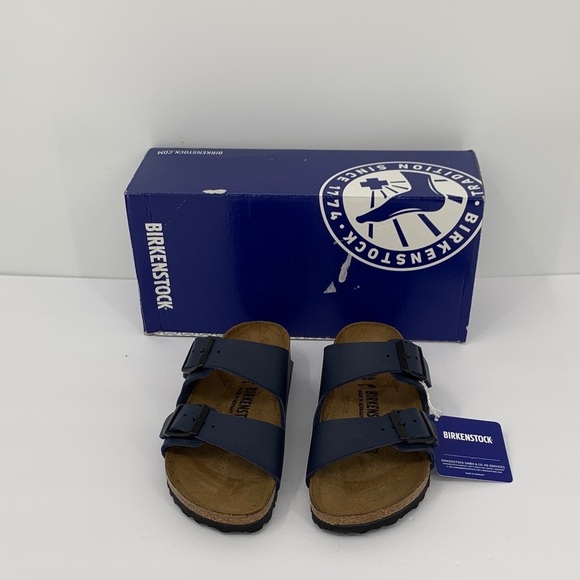 Birkenstock Slide Arizona Birko-Flor navy blue | TheDoubleF Birkenstock Arizona Birko-Flor double strap slide sandals navy blue new 36 5